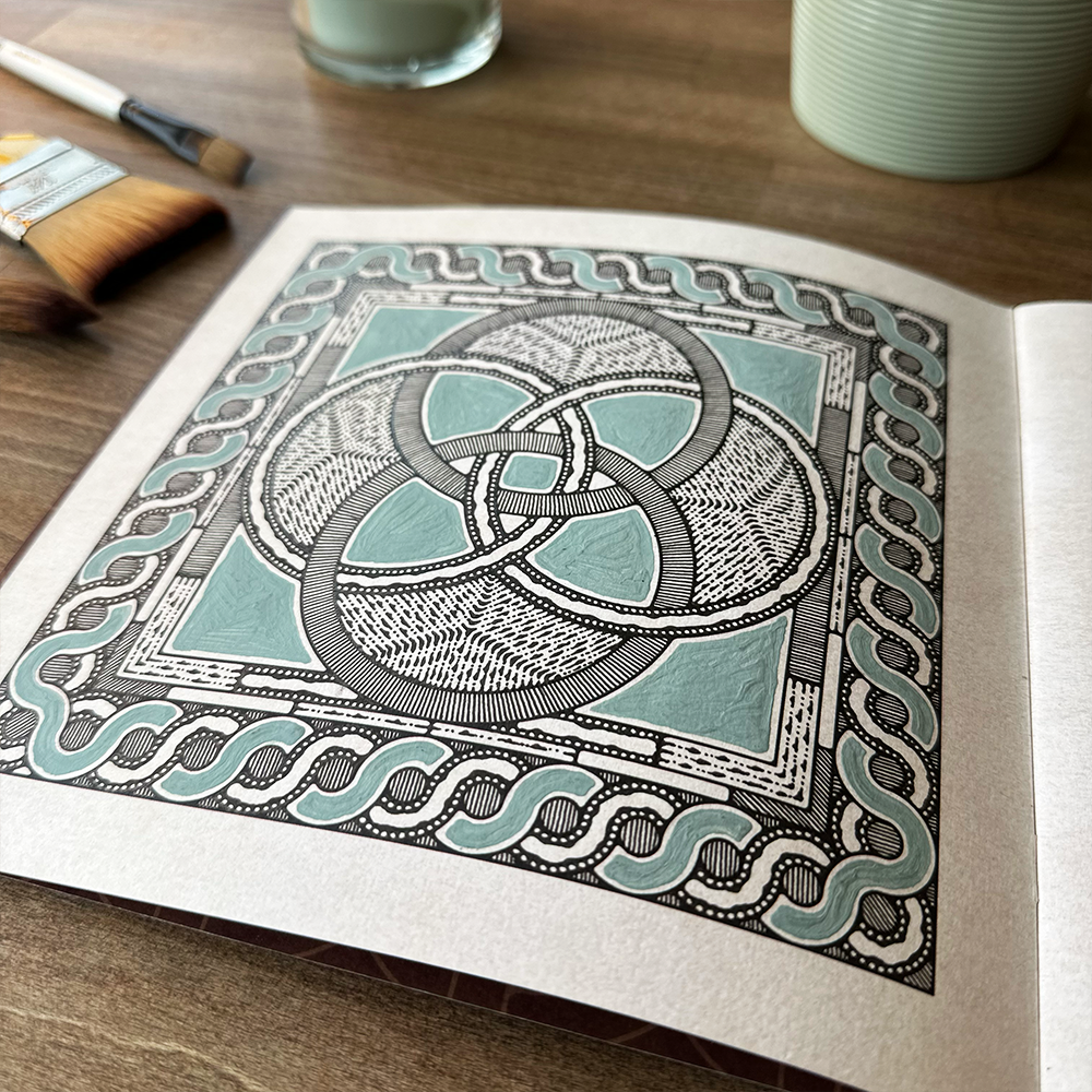 Decorative print with intricate patterns on a wooden surface