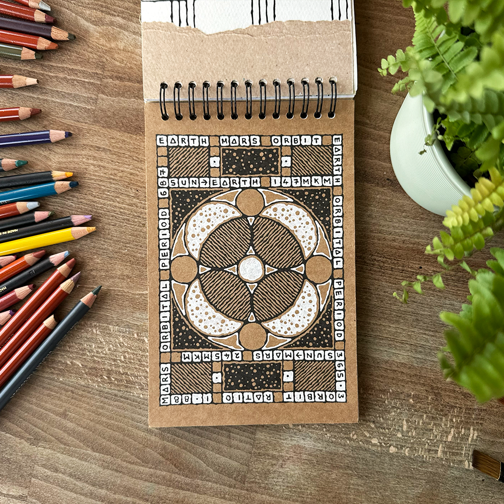 Notebook with decorative cover on a wooden surface with colored pencils and a plant.