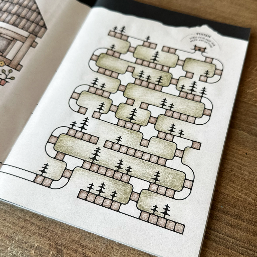 Map design with paths and trees on a wooden surface